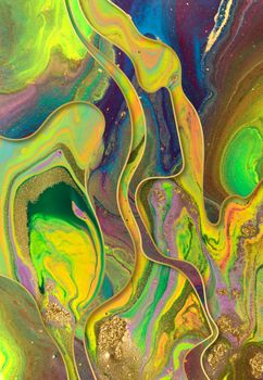 Gold dust and waves on fluorescent inks background