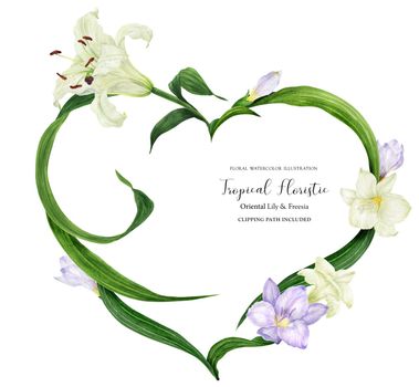 Tropical heart wreath with white lily and violet freesia, watercolor with clipping path