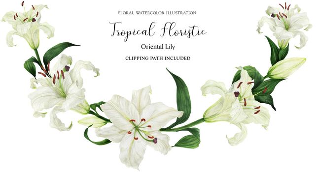 Tropical floral watercolor arc with oriental white lilies, illustration with clipping path