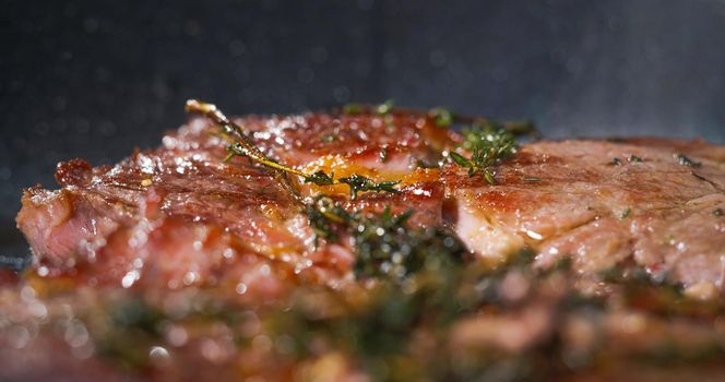 Cooked Beef Meat Looks Very Tasty Close Up About Food Art. Macro steak details.