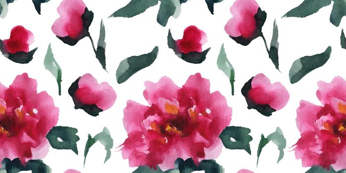 Floral Seamless Pattern of Pink Peones, Chinese watercolor art with clipping path