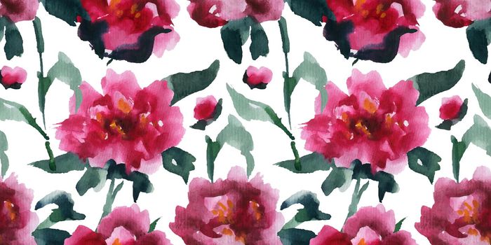 Floral Seamless Pattern of Chinese Pink Peones, asian watercolor art, clipping path included