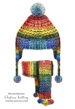 Christmas knitted hat and scarf, rainbow colors, watercolor illustration with clipping path