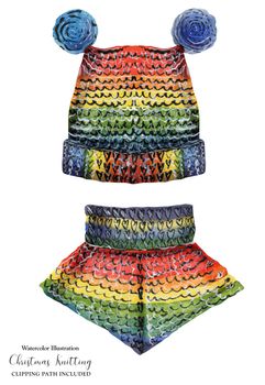 Christmas knitted hat and collar, rainbow colors, watercolor illustration with clipping path