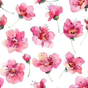 Watercolor seamless pattern with pink flowers, artistic painting