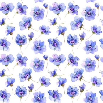 Watercolor seamless pattern with blue flowers, artistic painting