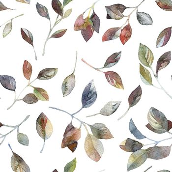 Watercolor seamless pattern with tree leaves, artistic painting