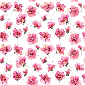Watercolor seamless pattern with pink flowers, artistic painting