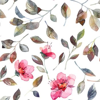 Watercolor seamless pattern with flowers and leaves, artistic painting
