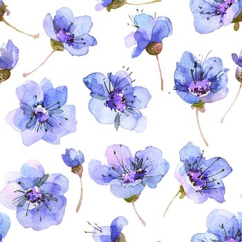 Watercolor seamless pattern with blue flowers, artistic painting