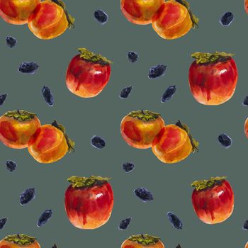 Winter orange persimmon fruits on a vintage color background, watercolor seamless pattern