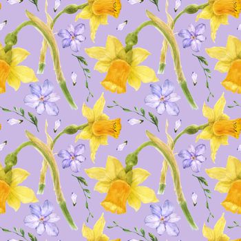 Yellow daffodil and purple freesia watercolor seamless pattern on a light purple background, watercolor with clipping path