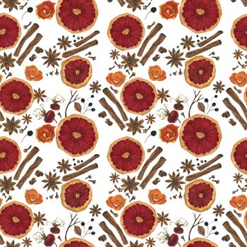 Christmas hot wine seamless pattern, realistic watercolor on a white background