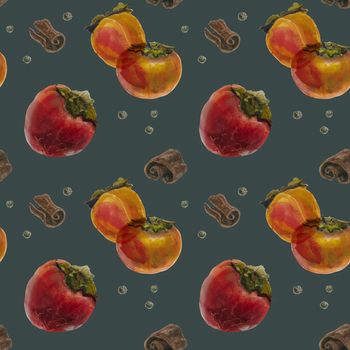 Winter persimmon watercolor seamless pattern, watercolor on a dark background