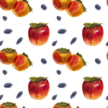 Winter persimmon fruits on a white background, watercolor seamless pattern