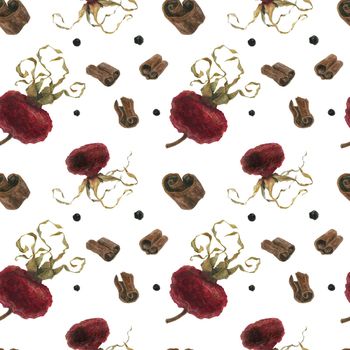 Christmas hot drink spices seamless pattern, watercolor on a white background