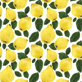 Yellow quince fruits and green leaves watercolor seamless pattern with clipping path