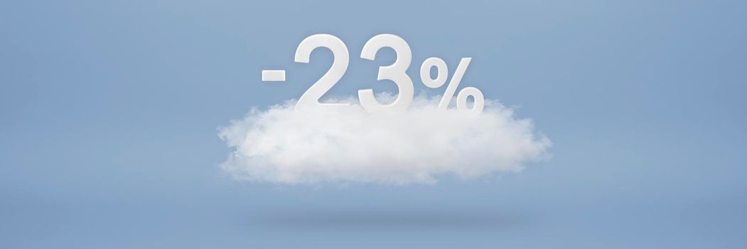 Discount 23 percent. Big discounts, sale up to twenty three percent. 3D numbers float on a cloud on a blue background. Copy space. Advertising banner and poster to be inserted into the project.