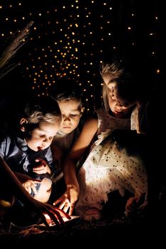 happy children play in a summer pine forest against the background of lights