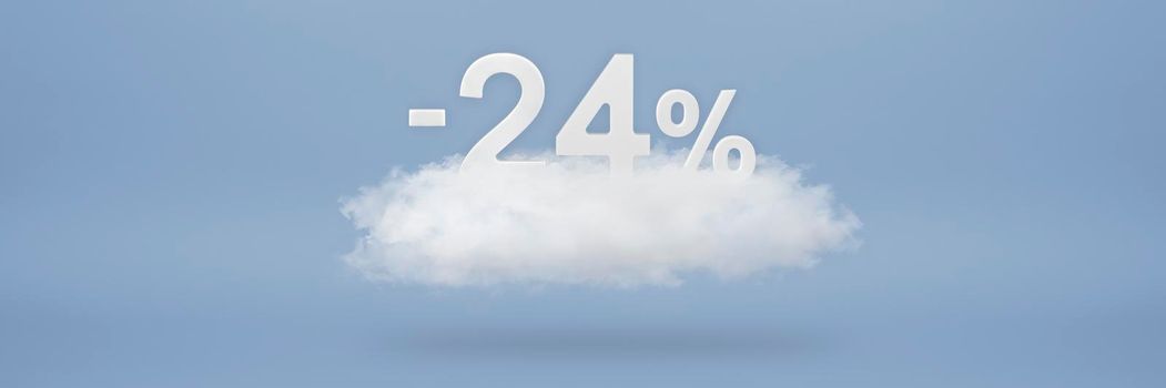 Discount 24 percent. Big discounts, sale up to twenty four percent. 3D numbers float on a cloud on a blue background. Copy space. Advertising banner and poster to be inserted into the project.