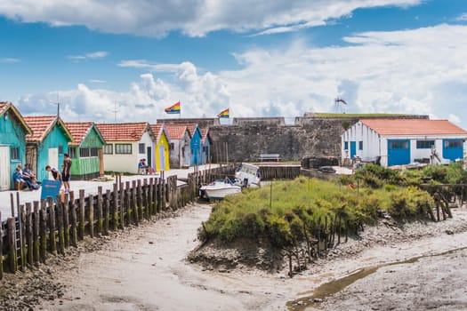 Colorful cabins on the harbor of Château d'Oléron, on the island of Oléron in France