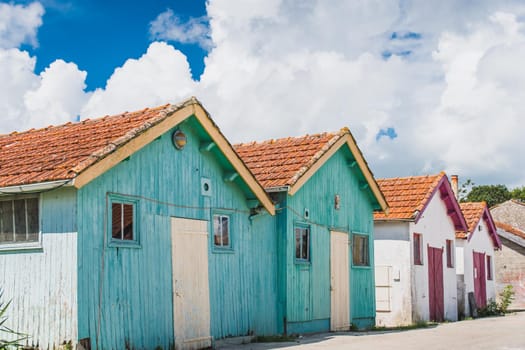 Colorful cabins on the harbor of Château d'Oléron, on the island of Oléron in France