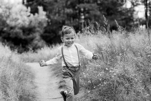 happy children play in a summer pine forest against the background of lights