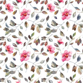 Watercolor seamless pattern with flowers and leaves, artistic painting