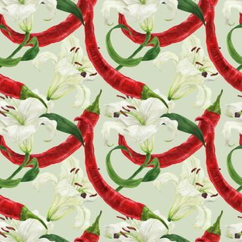 Red chili pepper and lily white flower watercolor light green seamless pattern with clipping path