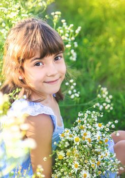 Child girl in a camomile field. Selective focus. nature.
