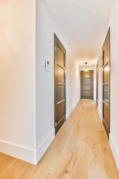 Light narrow hallway with many doors in white walls and glowing lamp over lumber floor