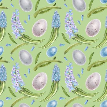 Hyachinth and bird egg watercolor seamless pattern on a green background, watercolor with clipping path