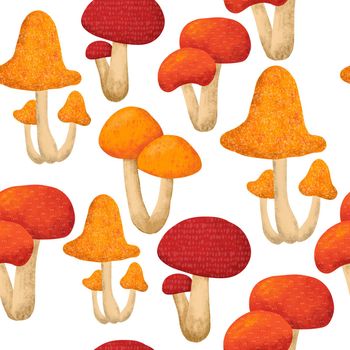 Hand drawn seamless pattern with fall autumn mushrooms fungi, wild nature background. Thanksgiving forest wood woodland fabric print in orange red yellow. For textile wallpaper