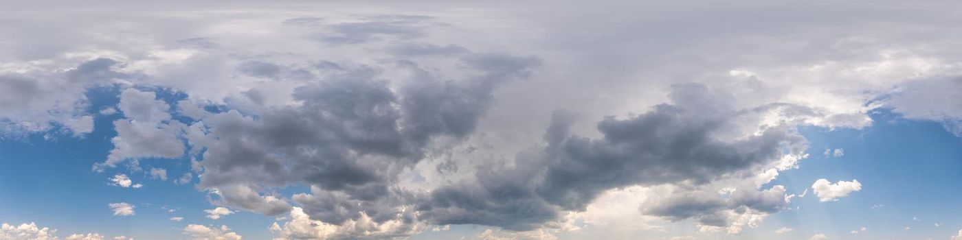 Sky panorama with Cirrus clouds in Seamless spherical equirectangular format. Full zenith for use in 3D graphics, game and editing aerial drone 360 degree panoramas for sky replacement