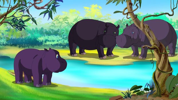 Little HippoLittle Hippo near a river Afraid of Water. Digital painting  cartoon style full color illustration.