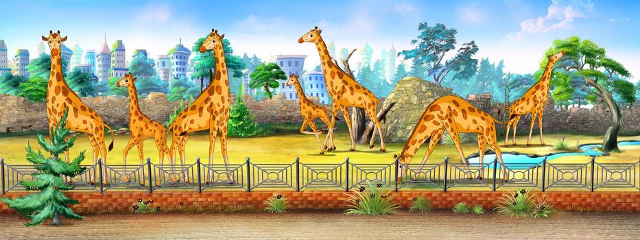 Giraffes in a Zoo on a sunny day.  Digital painting  cartoon style full color illustration.