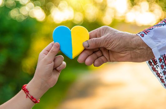 Grandmother holds in her hands a heart in the color of the Ukrainian flag. Selective focus. People.