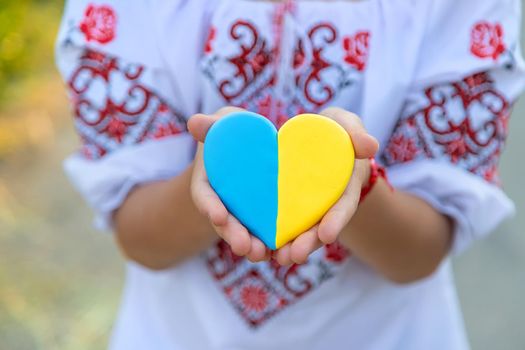 A child holds a heart of the Ukrainian flag. Selective focus. People.