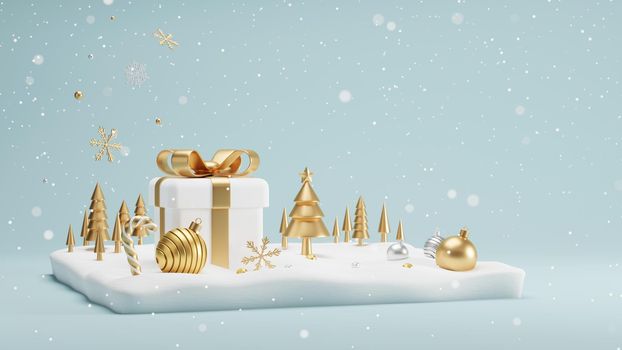 Christmas and New year concept design of gift box and xmas ball with pine tree on snowdrift in the winter 3D render