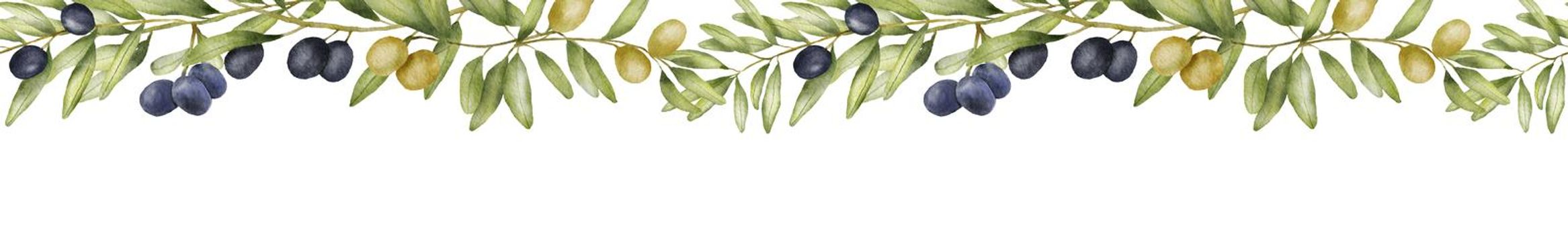 Seamless border with green olive branches watercolor drawing. Hand drawn illustration with olive leaves. Food of mediterranean cuisine