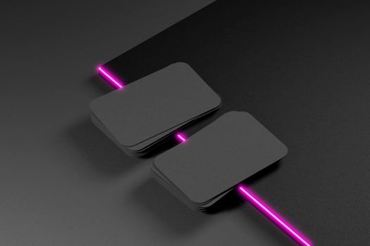 Two blank black business cards on the neon edge. 3d rendering
