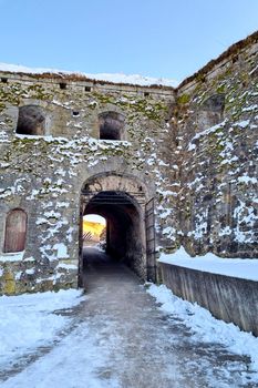 The old wall of the fortress on a cold winter day