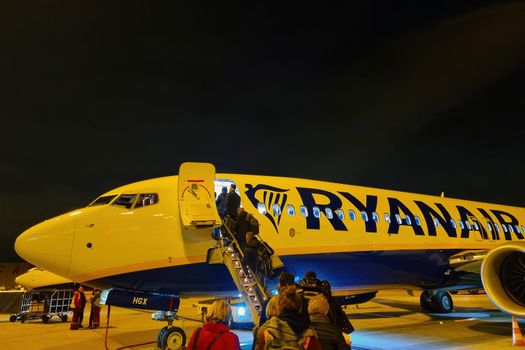 Wroclaw, Poland, August 25, 2021: passengers board the plane. Modern Ryanair aircraft. Ryanair is an Irish airline and the largest low-cost airline in Europe