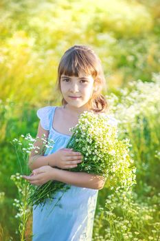 Child girl in a camomile field. Selective focus. nature.