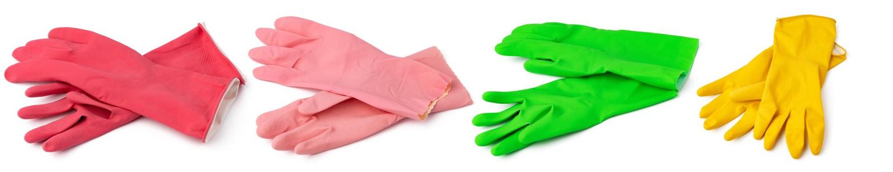 Coloured rubber gloves isolated on white background, close up
