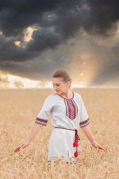 girl in the Ukrainian national costume on the background of a wheat field and sunset sun