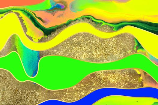 Gold dust and waves with colorful fluorescent inks background. Ocean style texture.