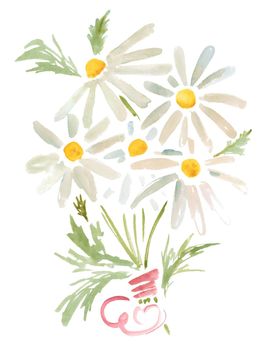 Watercolor illustration. Bouquet of daisies with a pink ribbon. Path included