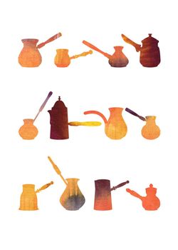 Terracotta watercolor silhouettes of coffee pots on a white background. Isolated, path included