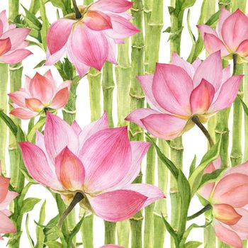 Watercolor seamless pattern lotus and bamboo